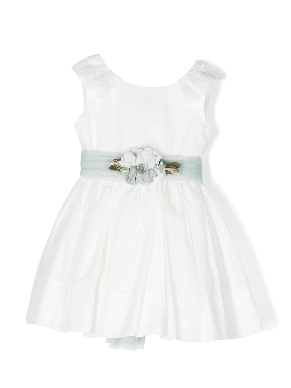 Floral-appliqué belted midi dress - White