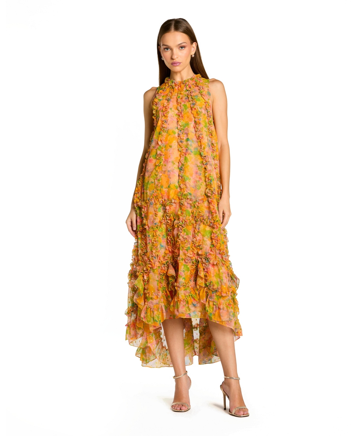 Women's Floral Applique Tiered Ruffle High-Low Midi Dress - Mango multi