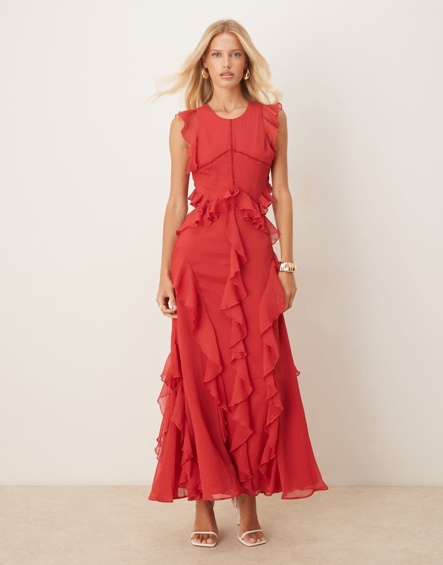 High neck ruffle maxi dress with lace inserts in dark cherry-Red