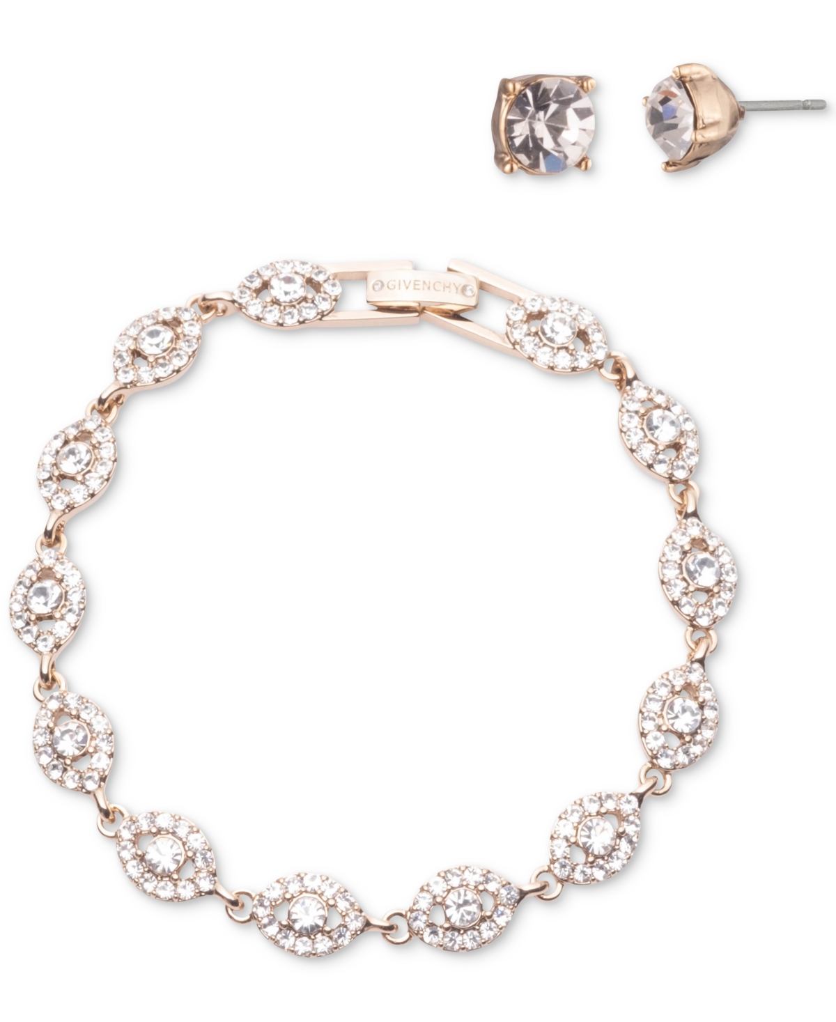 Silver-Tone 2-Pc. Set Stone & Crystal Link Bracelet & Crystal Stud Earrings - Gold