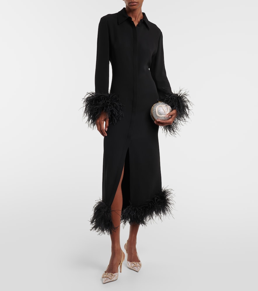 Feather-trimmed silk midi dress