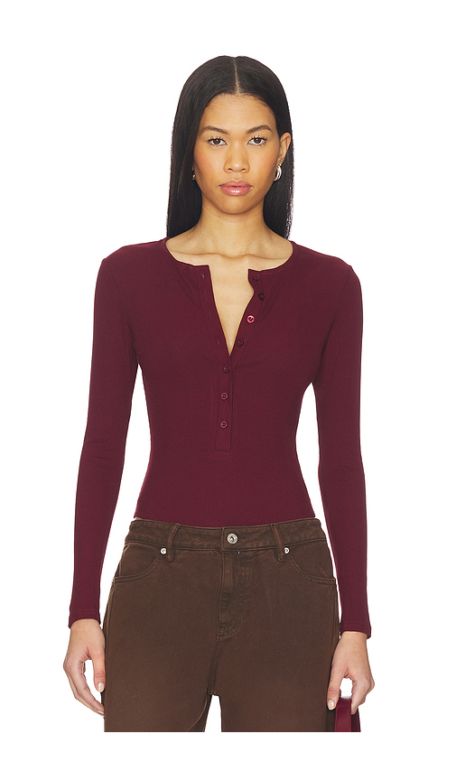 SNDYS Henley Bodysuit in Burgundy. M. Also in