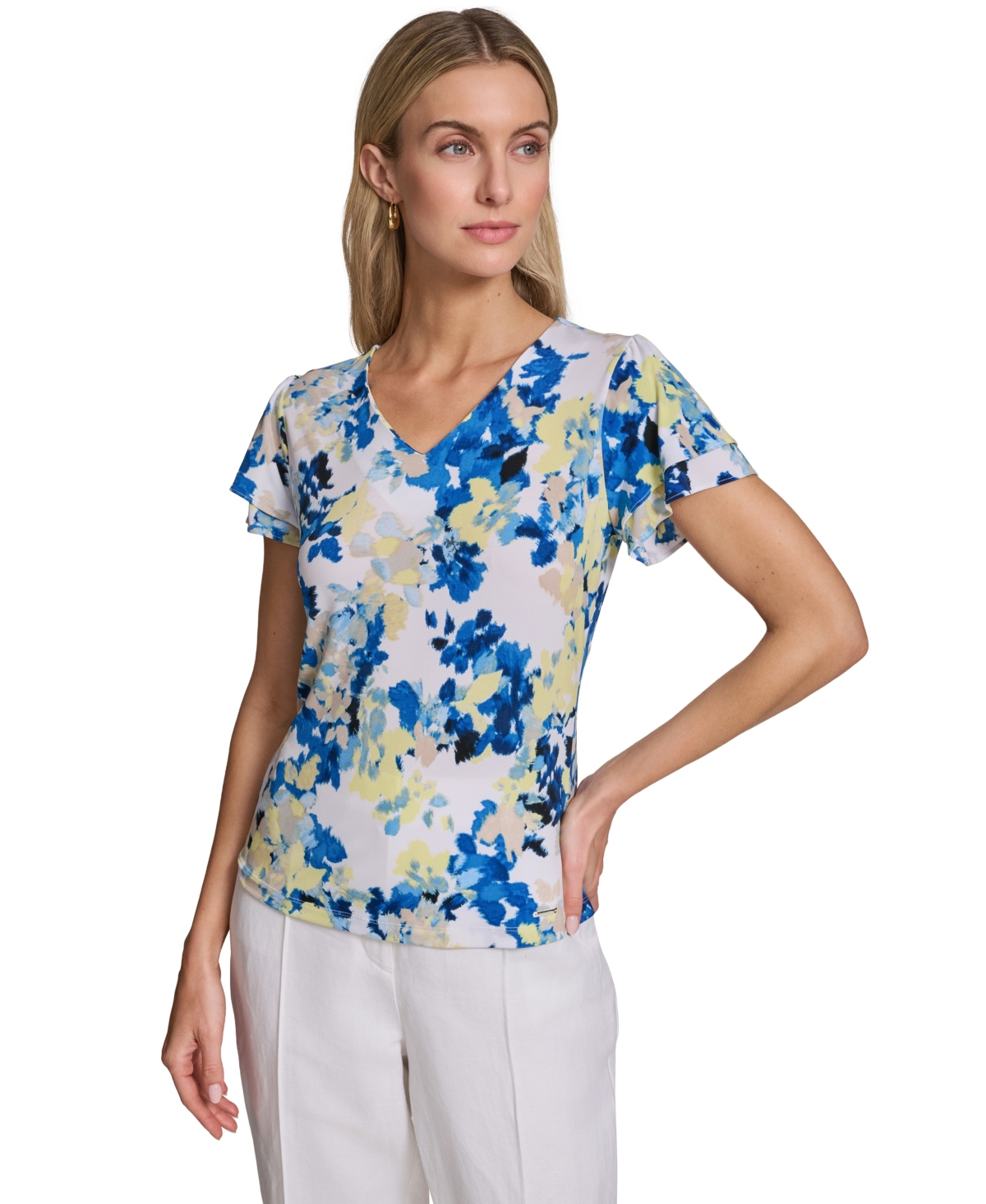 Petite V-Neck Ruffle-Sleeve Top - Pear Multi Ruffle Blouse