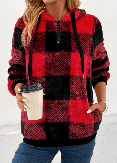 Modlily Red Pocket Plaid Long Sleeve Hooded Sweatshirt