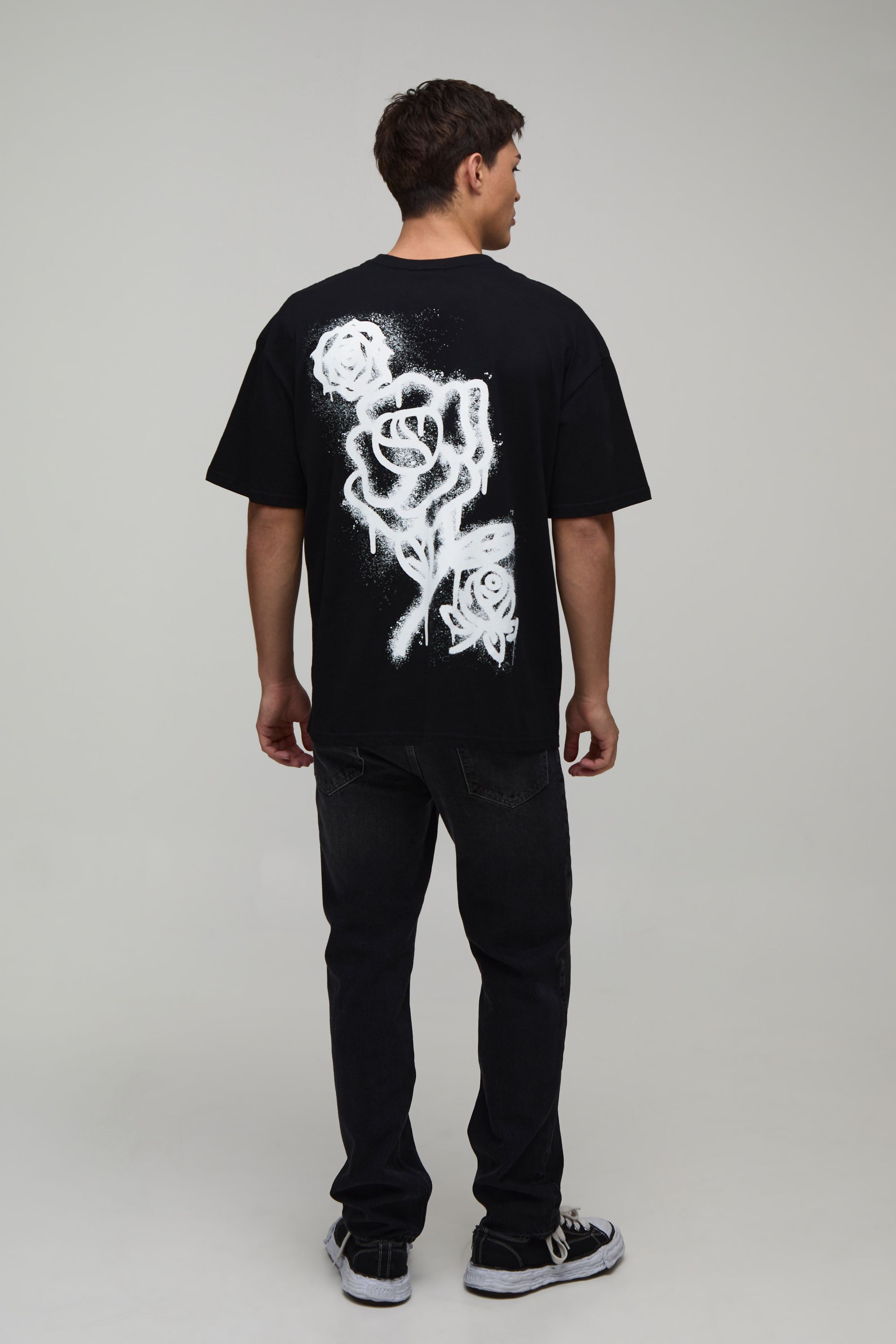 BoohooMAN Mens Black Oversized Graffiti Floral Print T-Shirt Cotton - Mediu