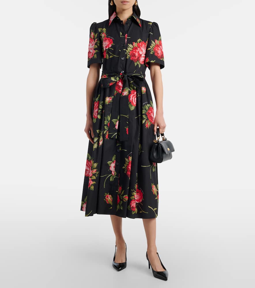 Belted floral cotton shirt midi dress