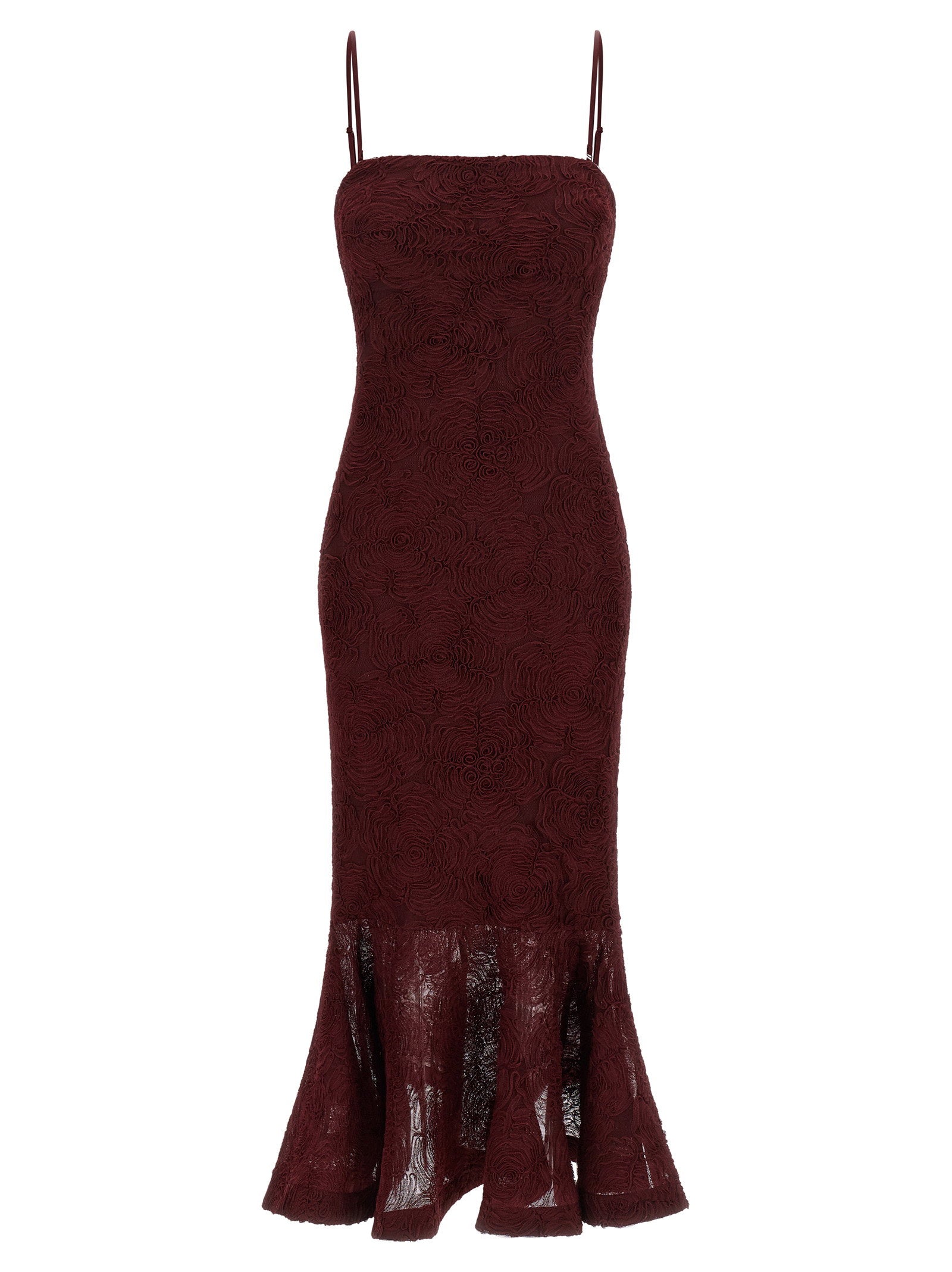 Floral Mesh Flounce Dress — Burgundy