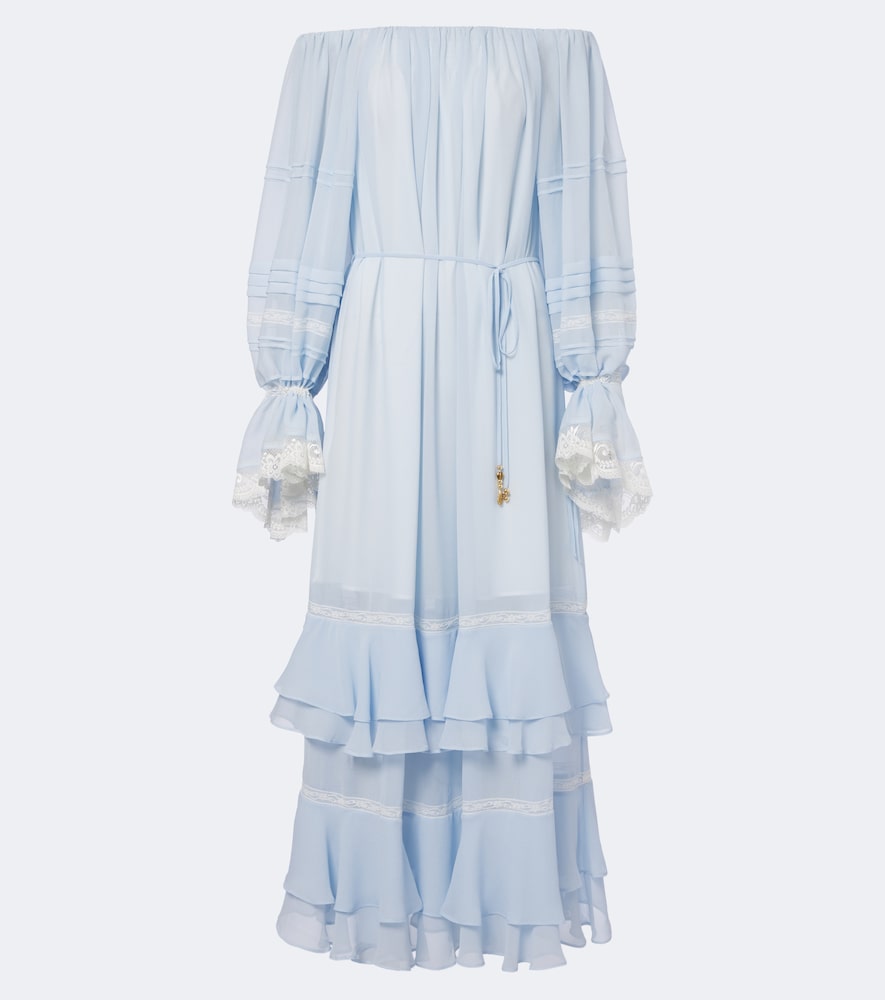 Ruffled off-shoulder lace-trimmed maxi dress