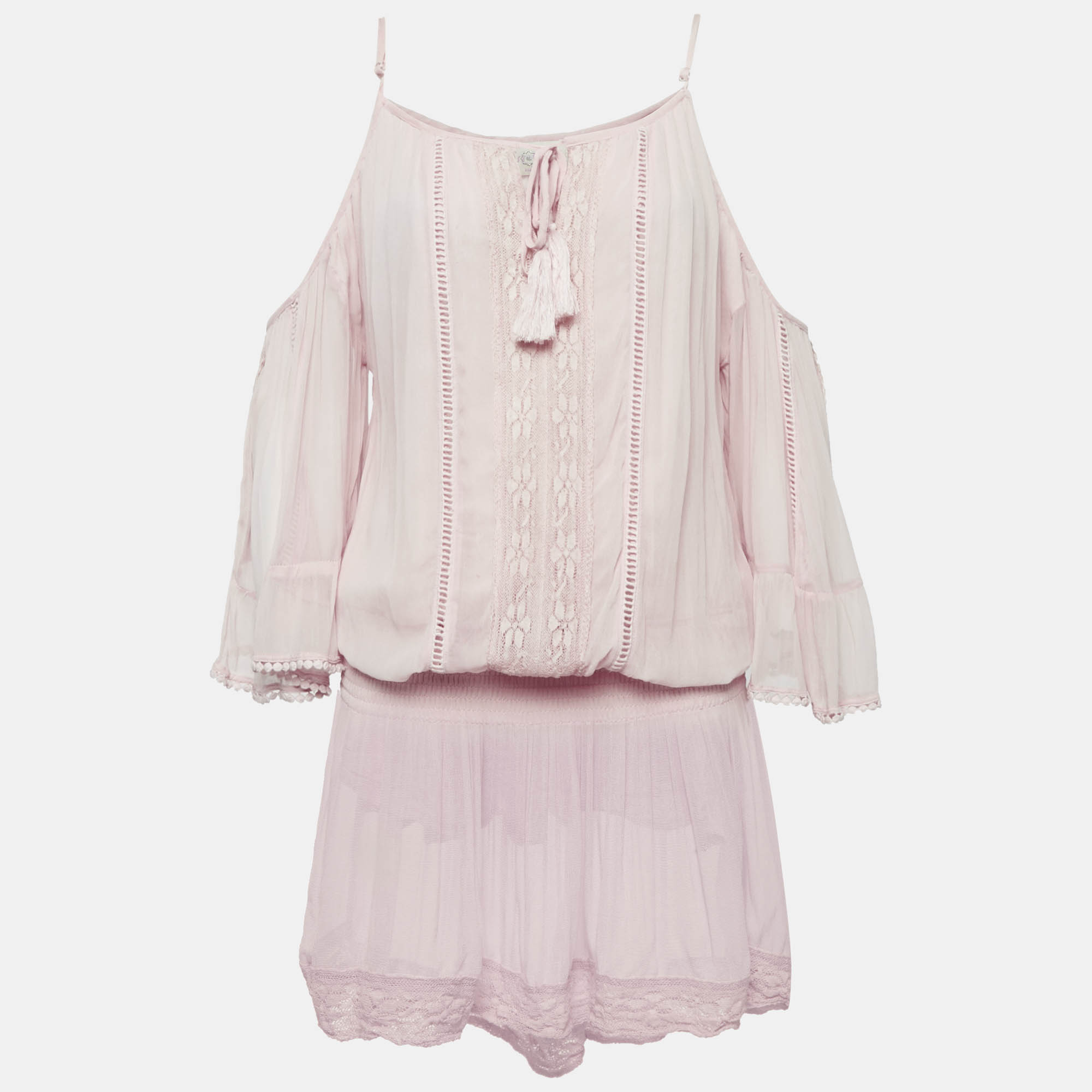 Miss June Pink Crepe Lace Trimmed Short Dre