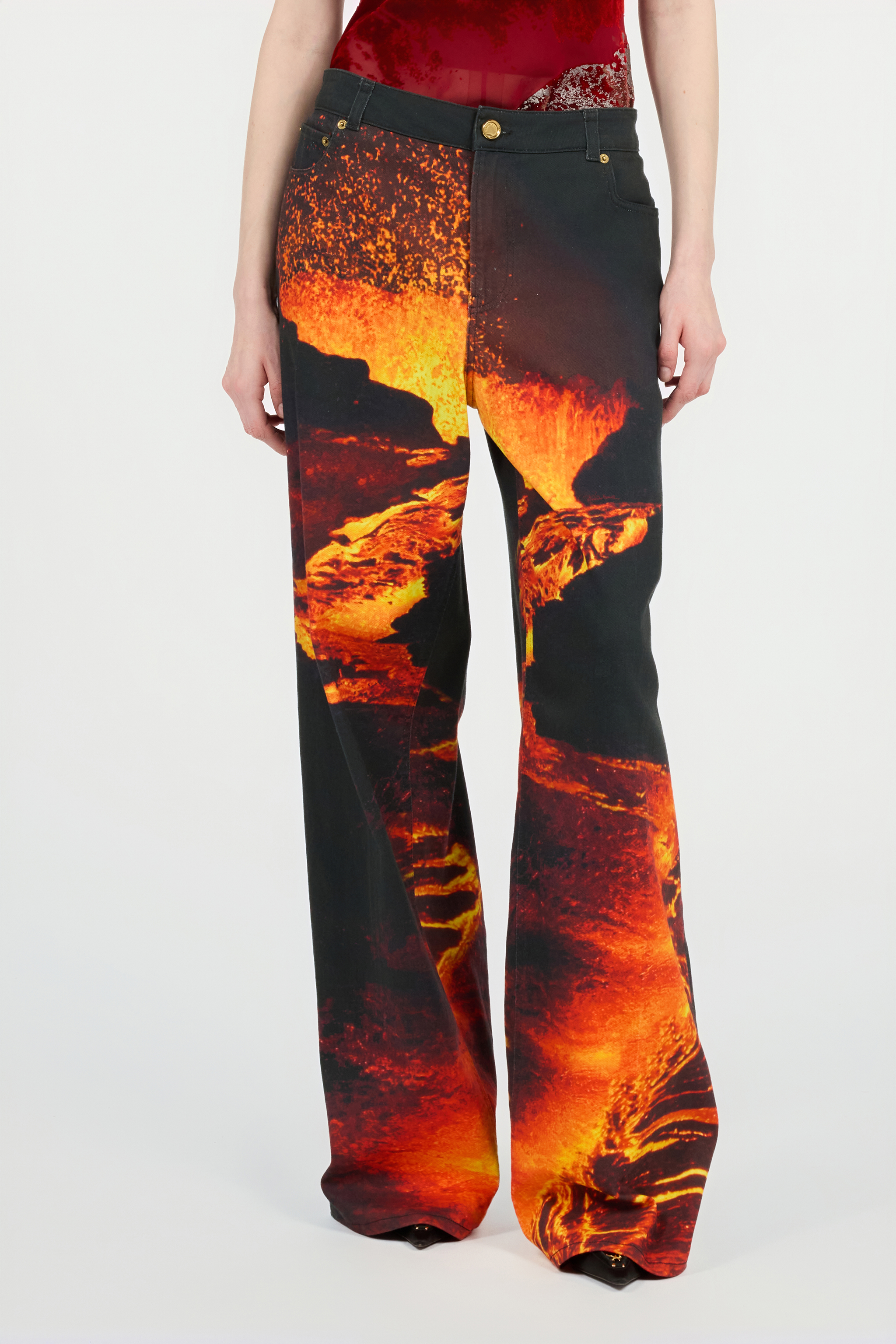 Stretch Denim Jeans With Lava Print