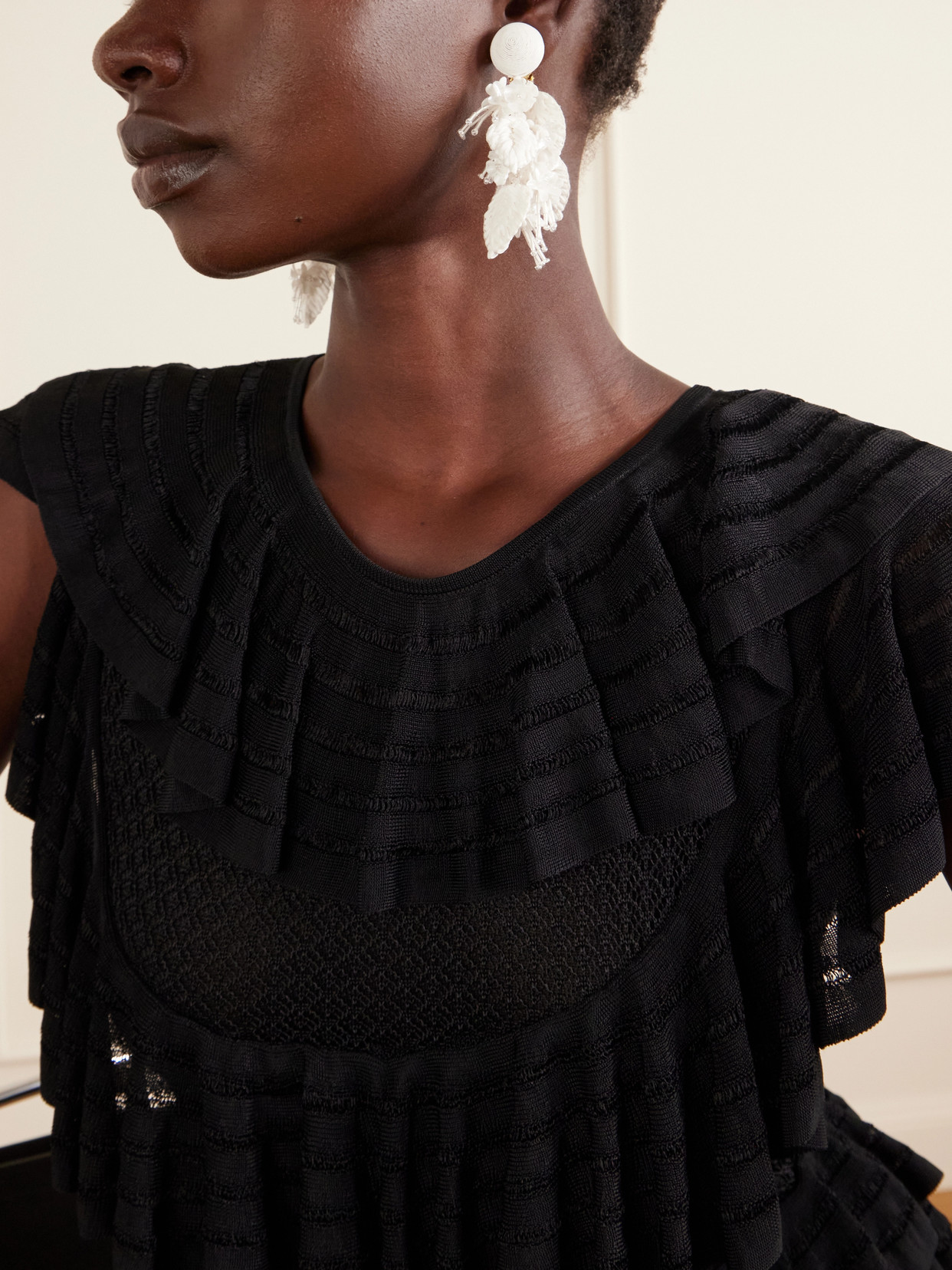 Bouquet Bead-embellished Raffia-like Clip Earrings - White