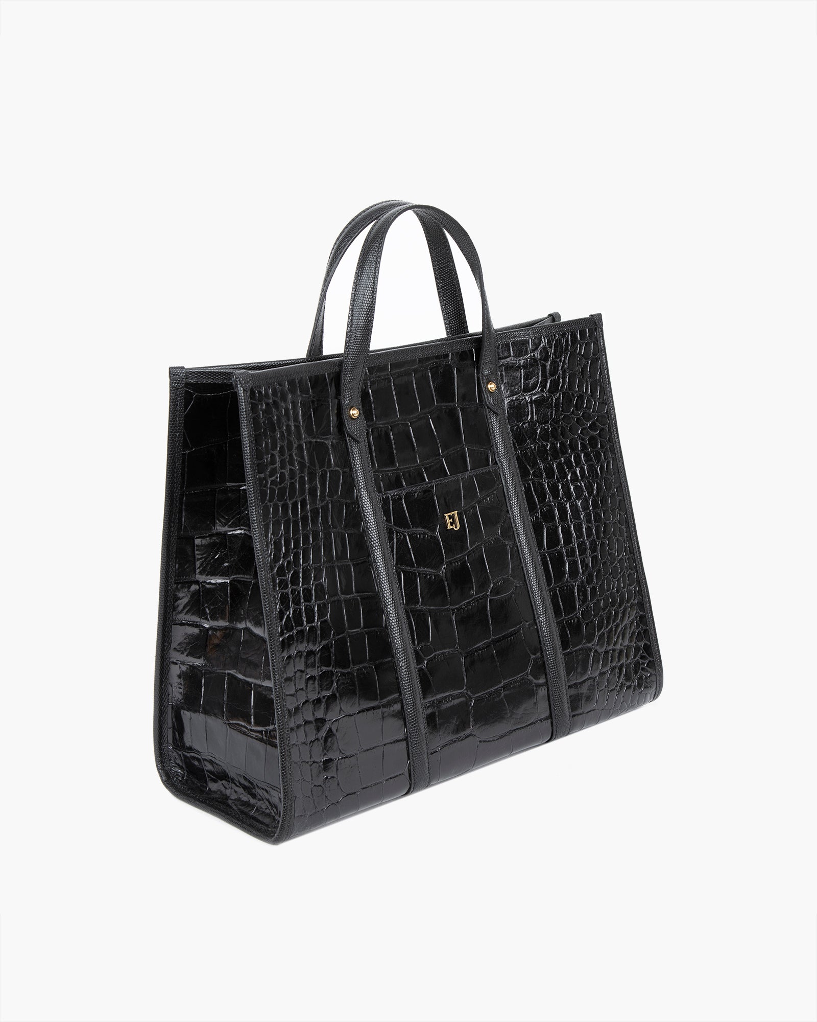 TaTa Tote Bag - Black Embossed Calf Leather, Magnetic Snap Closure, Detachable Shoulder Strap, Canvas Lining, Laptop Compatible