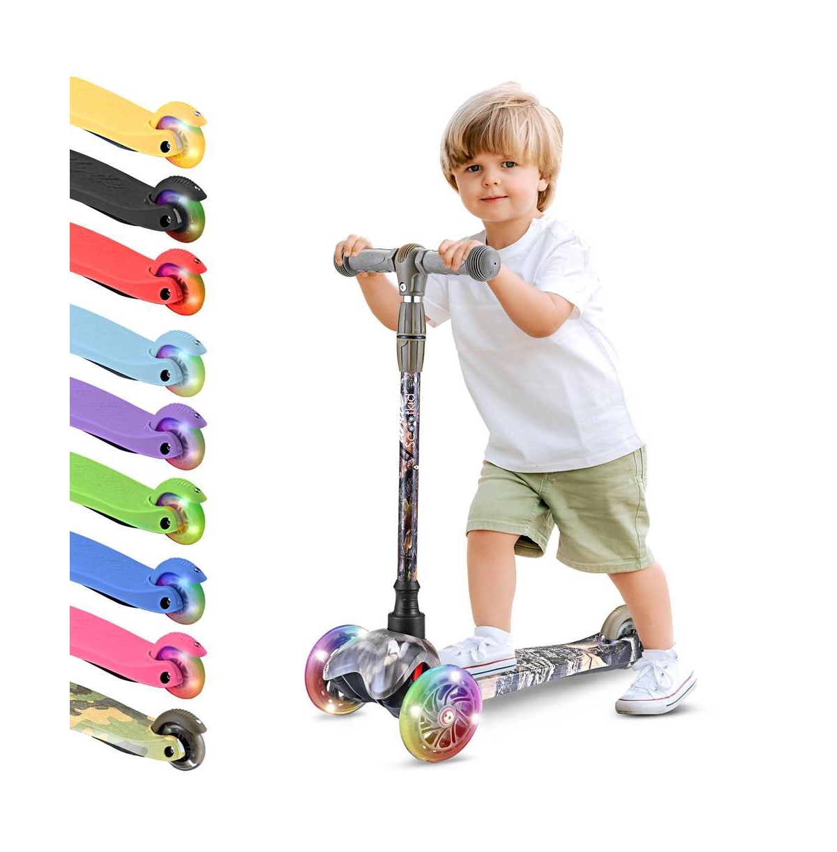 Lightweight and Adjustable Mini Kickboard Scooter with Led Light Wheel for Kids (Real Tree) - Beige/khaki