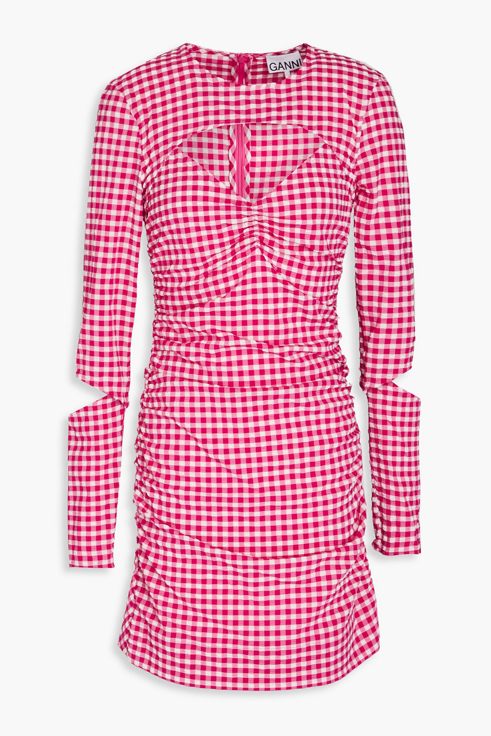 Cutout ruched gingham seersucker mini dress