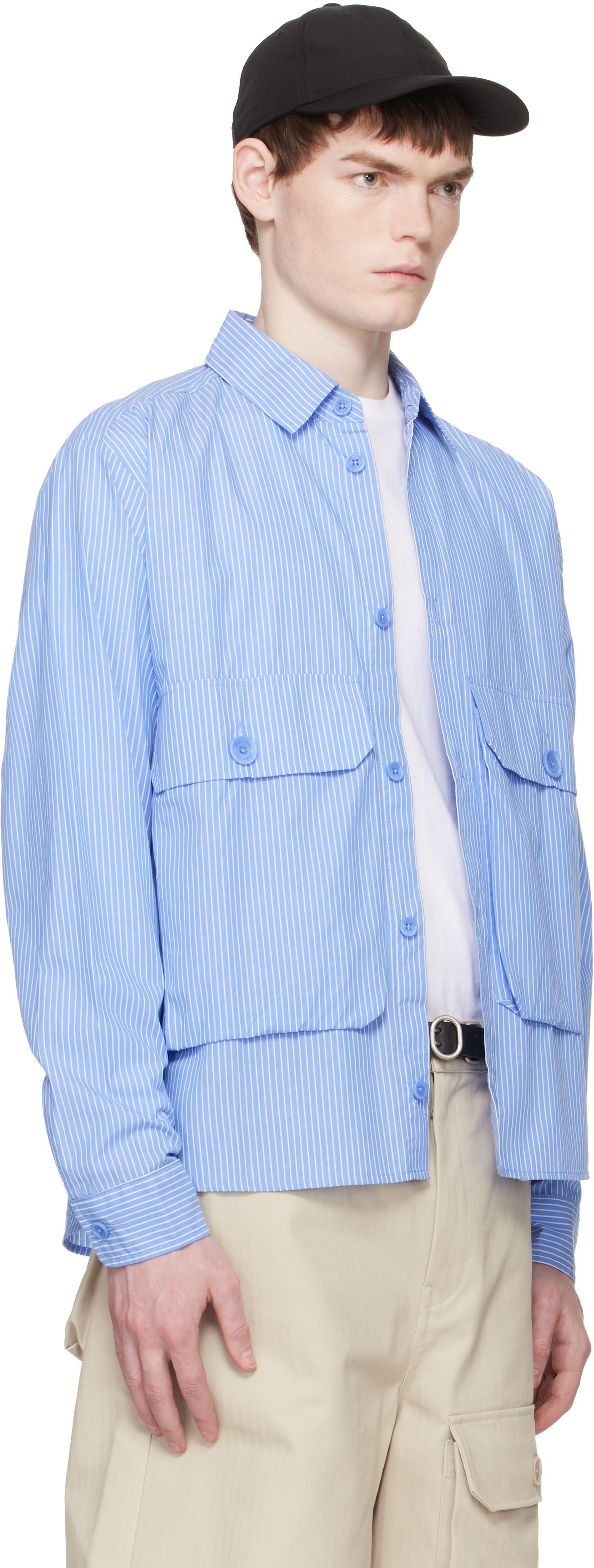 Blue Cotton Chambray Cargo Button Down Shirt