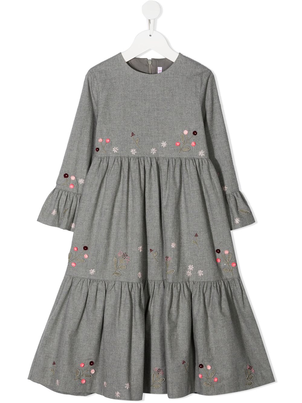 Floral embroidered long tiered dress - Grey