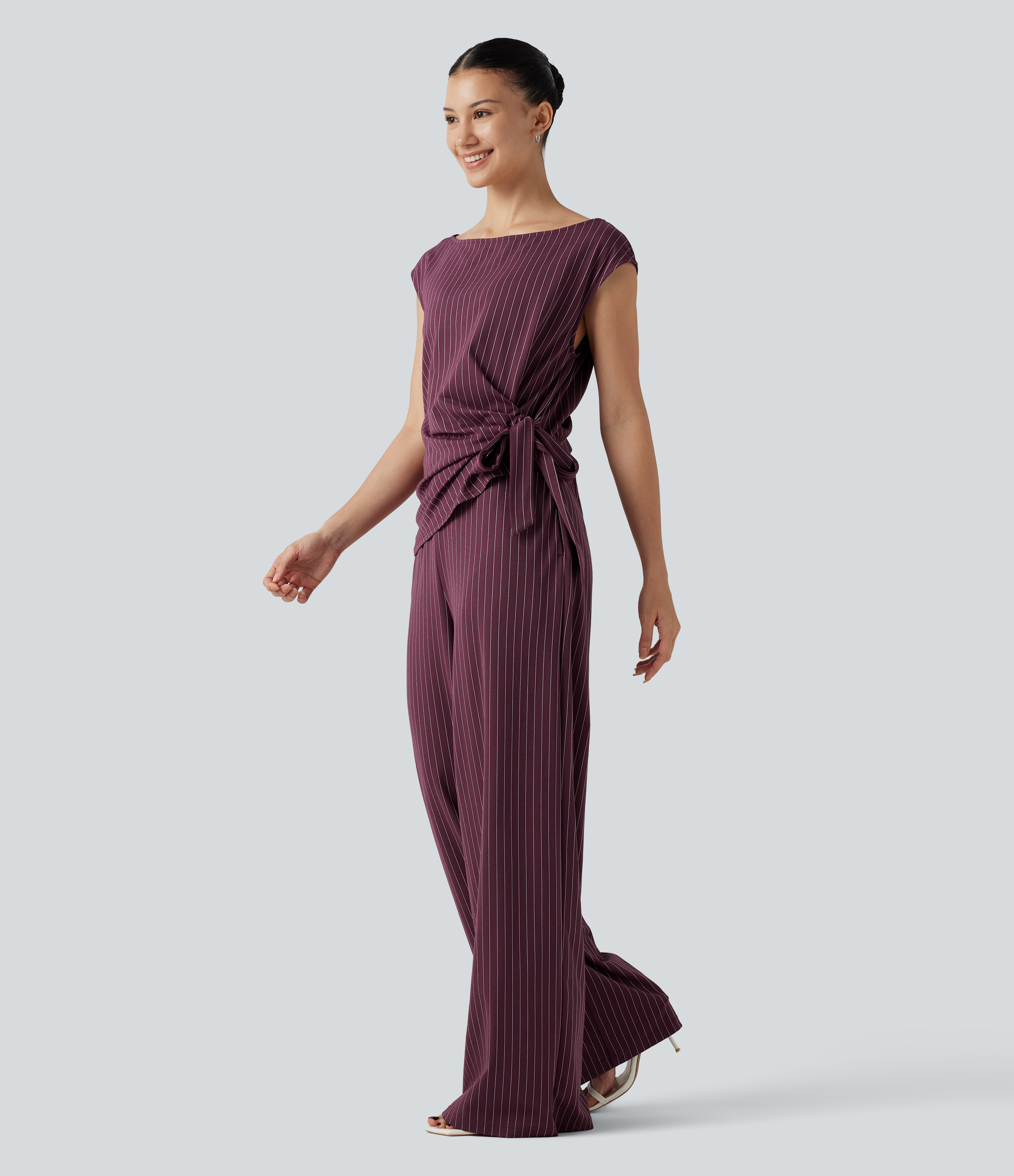 Boat Neck Sleeveless Tie Side Cool Touch Stripe Work Jumpsuit with Pockets-Easy Peezy Edition  - Plum Stripe