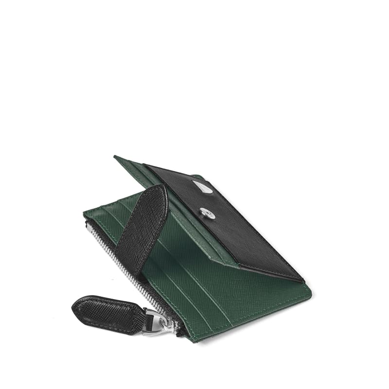 Zipped RFID Card Holder in Black & Green Saffiano
