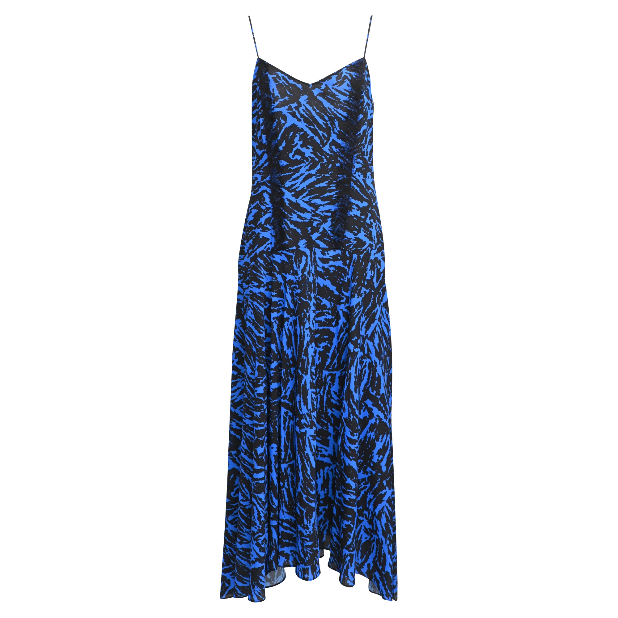 Zebra Print Lace Trim Maxi Dress in Blue Polyester