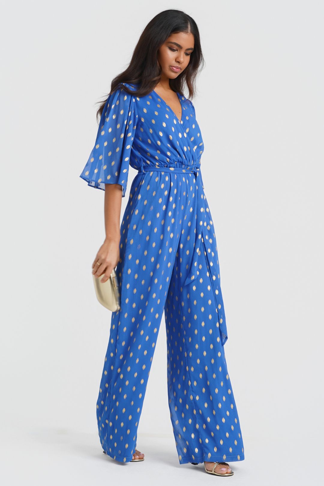 Needs No Label Women's Blue Foil Angel Sleeve Jumpsuit