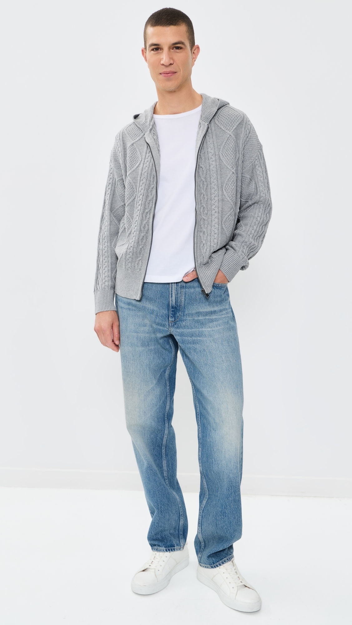 Liam Cable Knit Zip-Up Cardigan Heather Grey