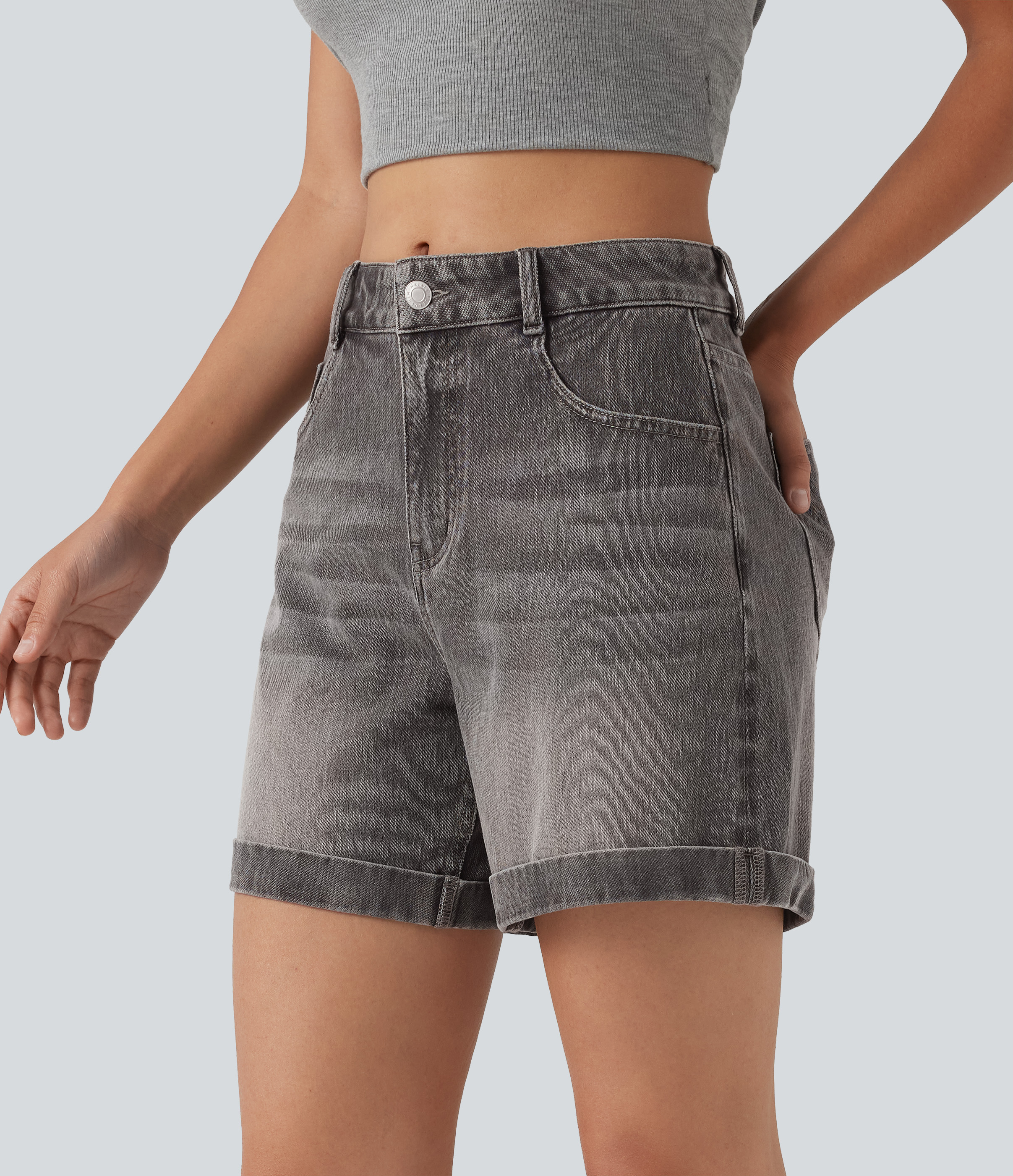 Flex™ Mid Rise Rolled Hem Denim Casual Shorts 5'' with Pockets  - Cool Gray Denim