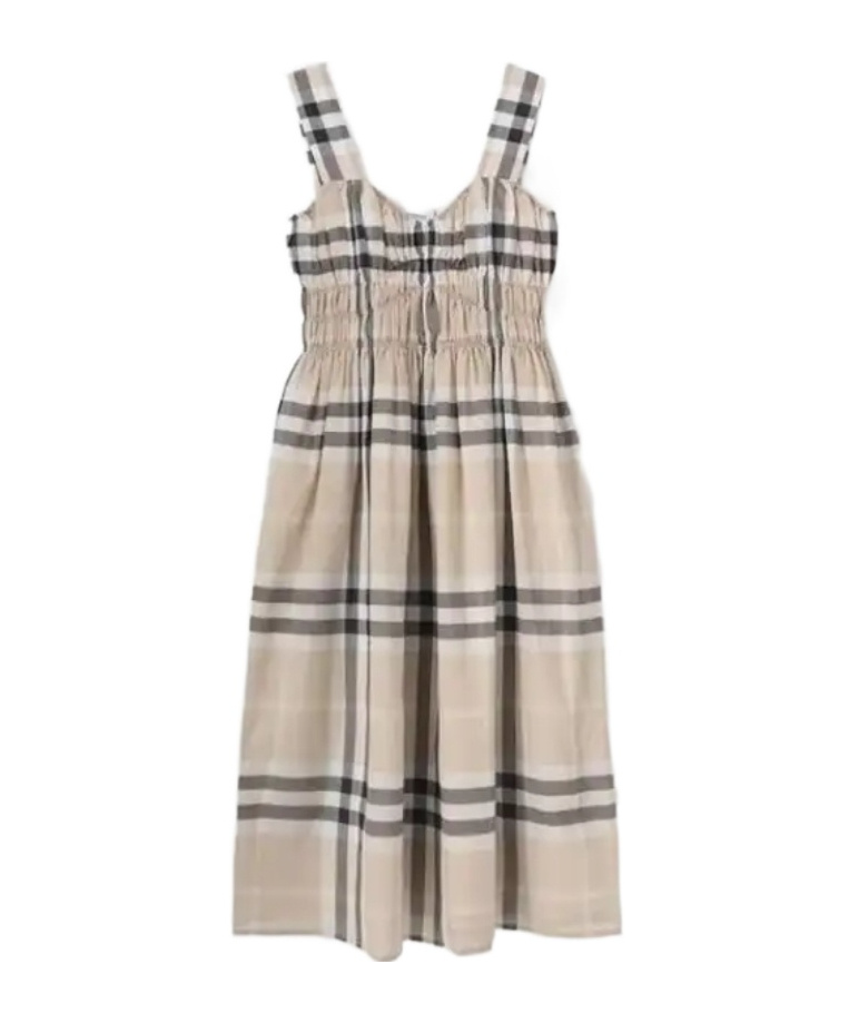 Shirred Check Cotton Dress
