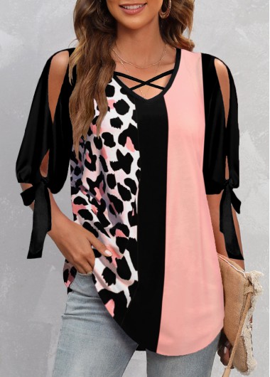 Modlily Pink Criss Cross Leopard Half Sleeve V Neck Blouse
