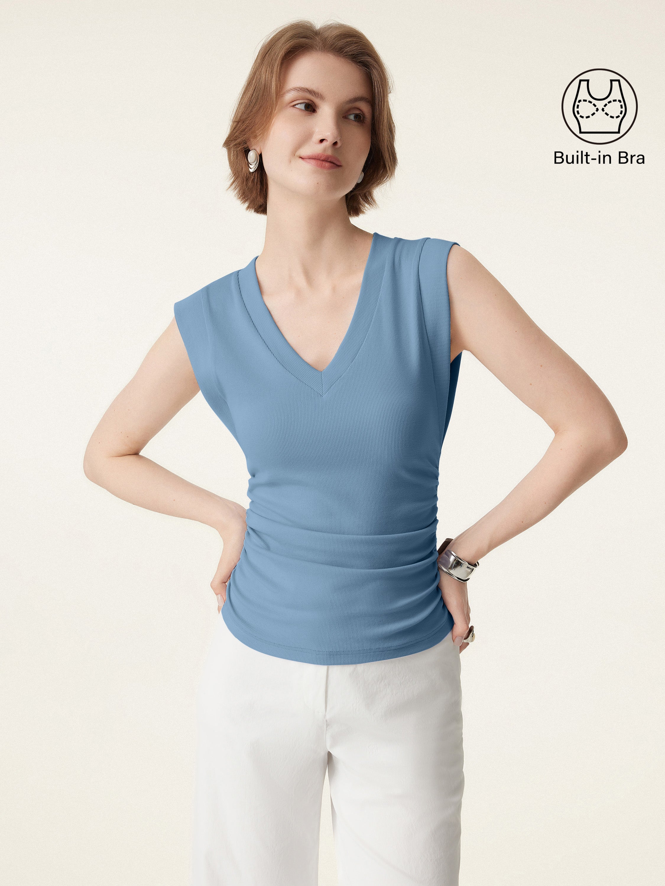 Stretch Cotton V-neck Side Ruched Muscle Brami Top - Dusk Blue