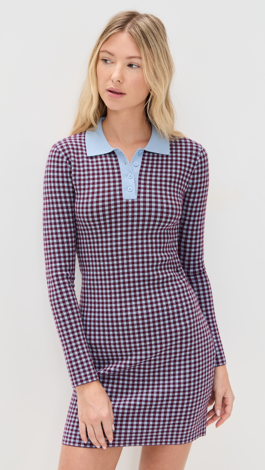 Gingham Knit Polo Dress Burgundy/Light Blue