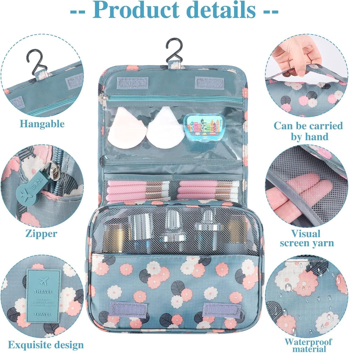 Toiletry Bag, Waterproof Hanging Cosmetic Bag Portable Travel Makeup Pouch Multifunction Handle Travel Toiletry Bag Organizer with Hook for Women Girls(Blue)
