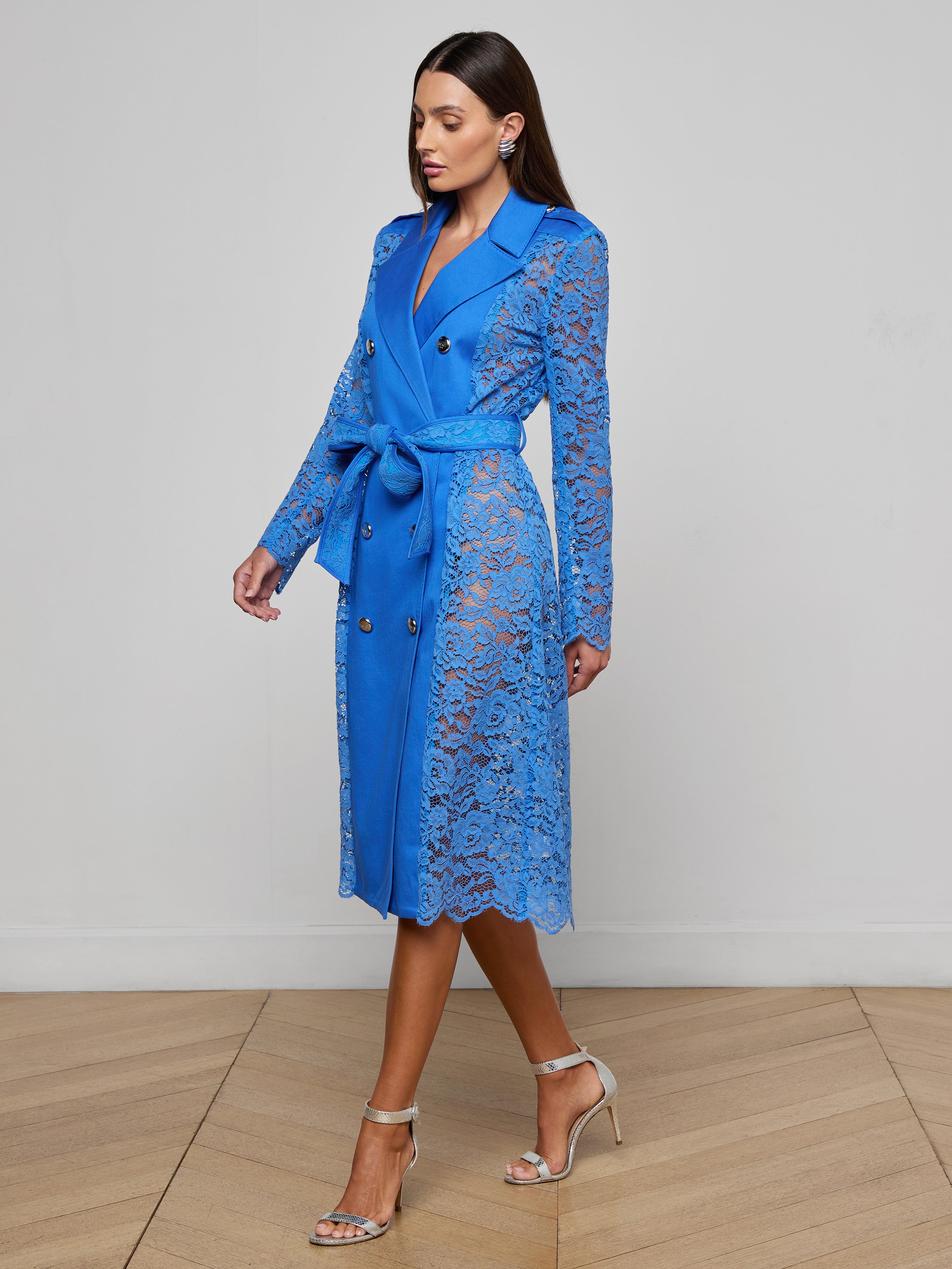 Amata Lace Trench Coat In Regatta Blue