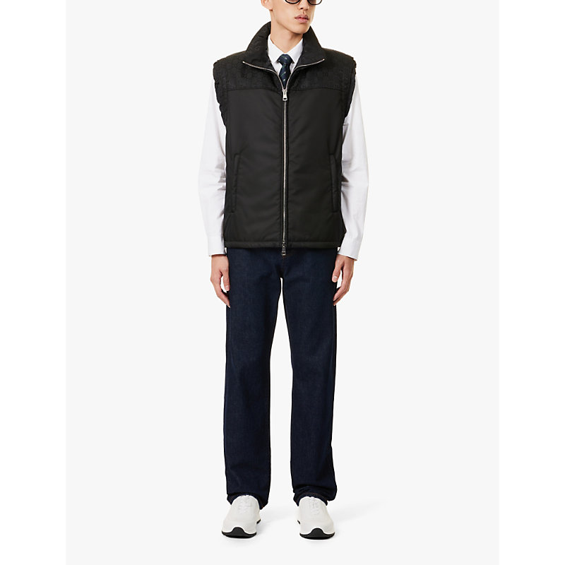 Mens Black Monogram-print Collared Padded Shell-down Gilet
