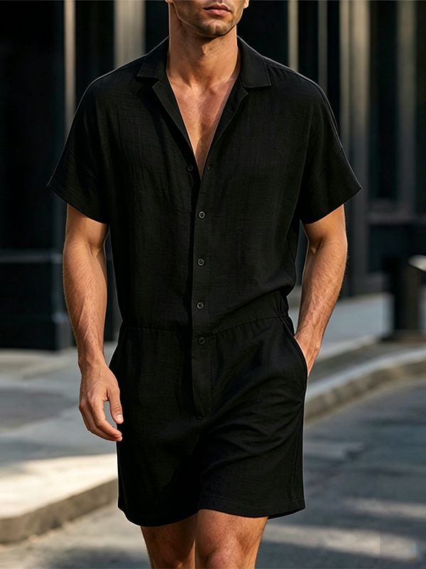 Men's American Vintage Resort Lightweight Cuban Collar Jumpsuit SKUL74624 - Black / S