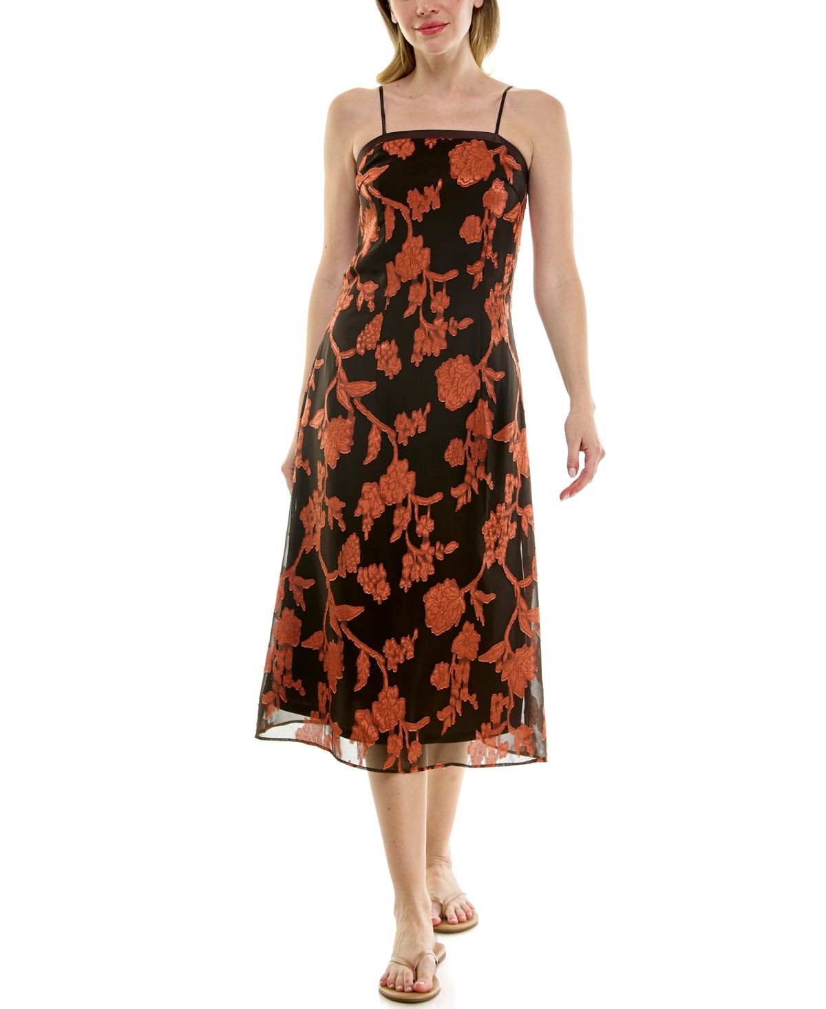Juniors' Burnout Floral Square Neck Midi Dress - Rust