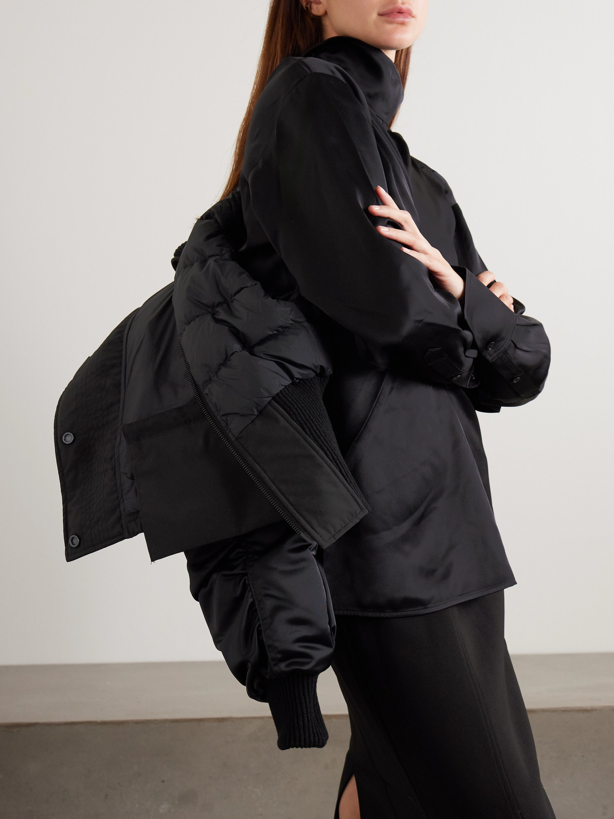 Claremont Oversized Cropped Layered Satin And Shell Bomber Jacket - Black