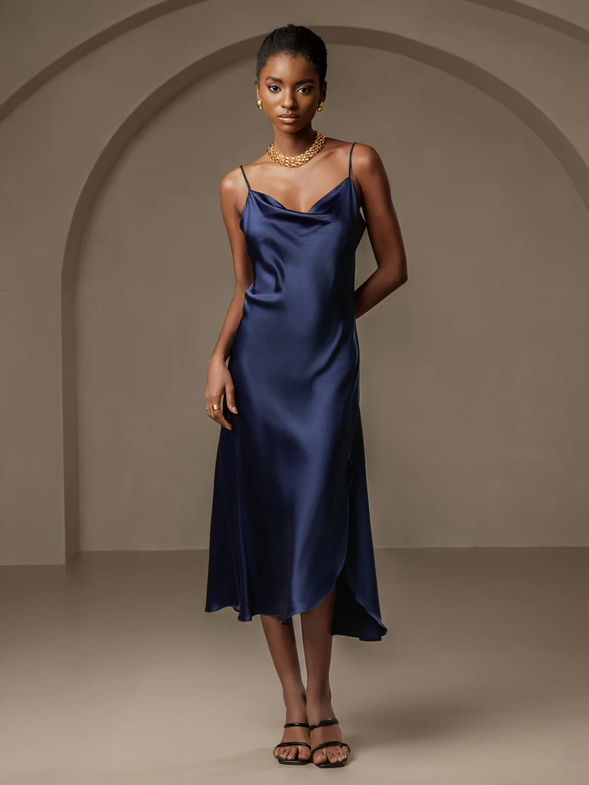 Pure Silk Spaghetti Strap Slit Long Dress