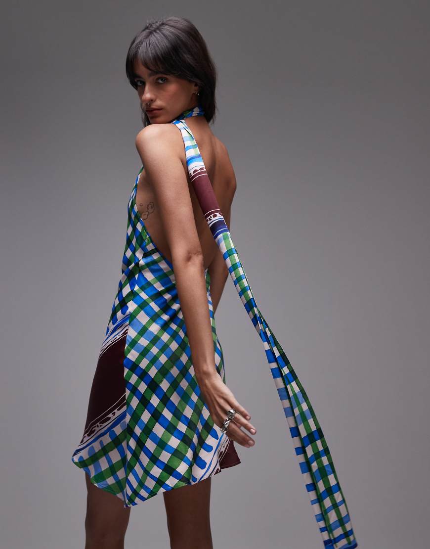 Satin tie neck mini dress in scarf print-Multi
