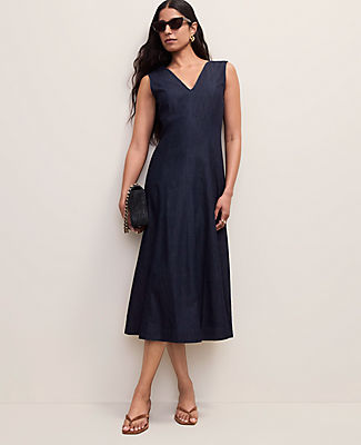 Ann Taylor V-Neck Chambray Flare Midi Dress