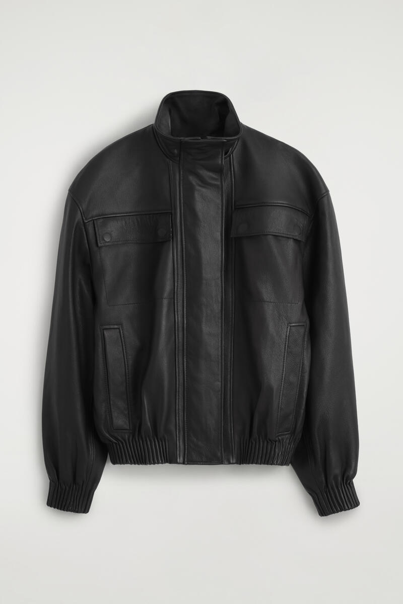 Leather Mock-Neck Bomber Jacket