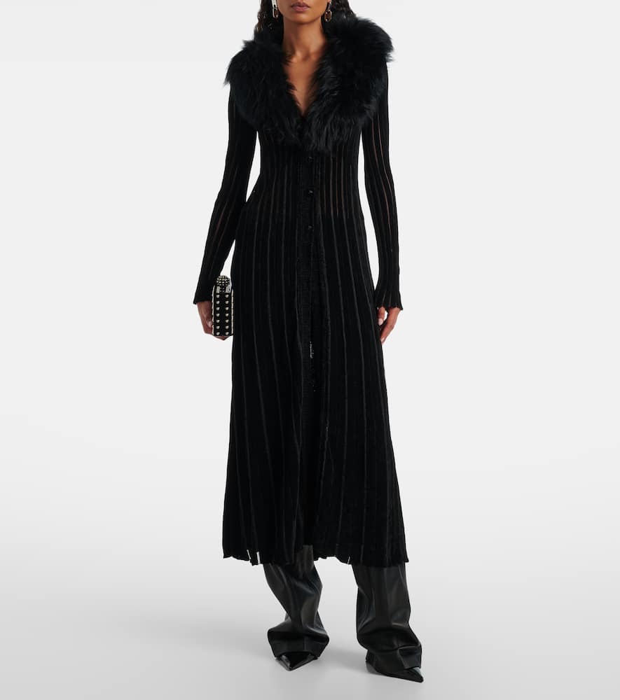 Shearling-trimmed striped maxi dress