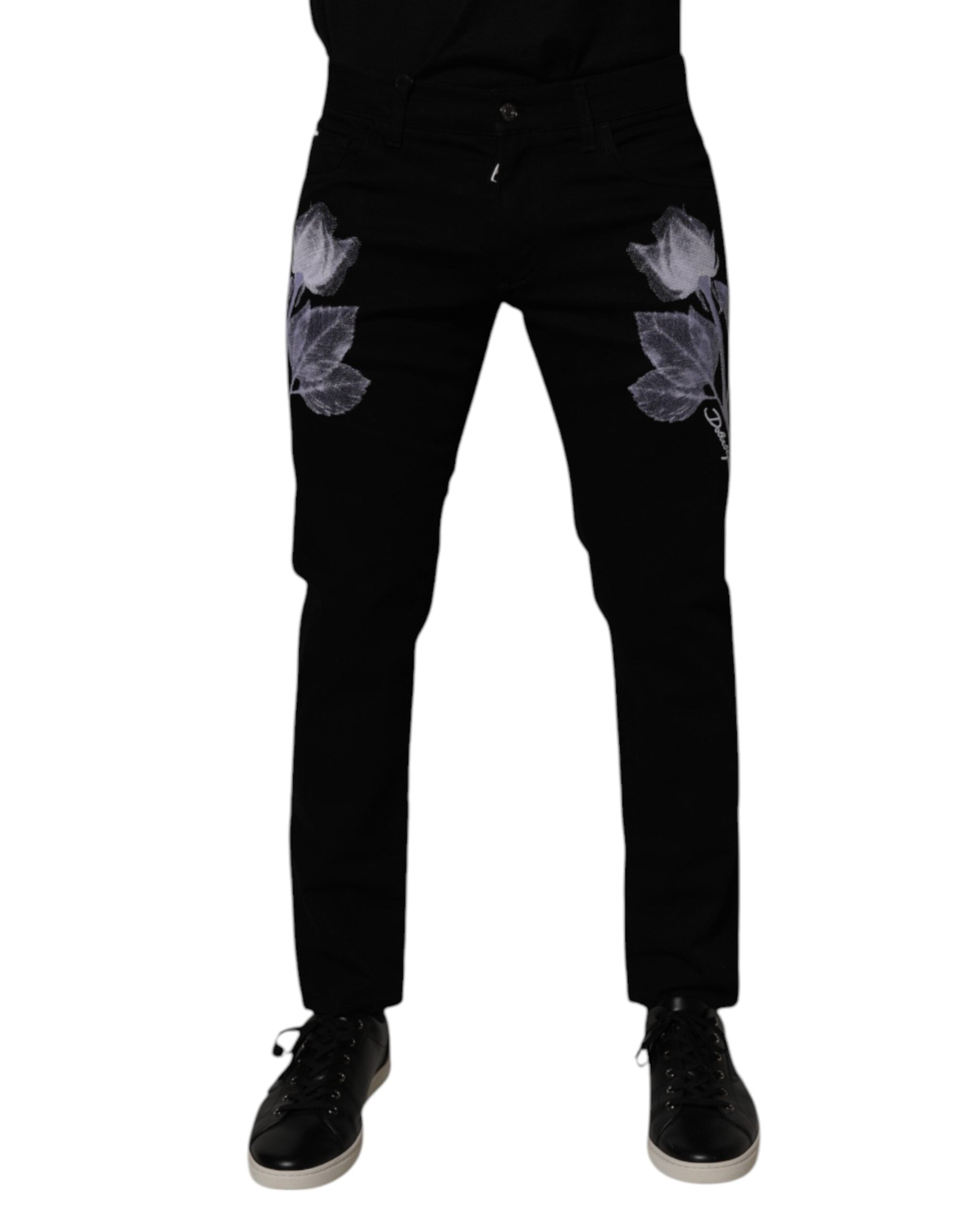 Floral-Print Skinny Denim Jeans — Black
