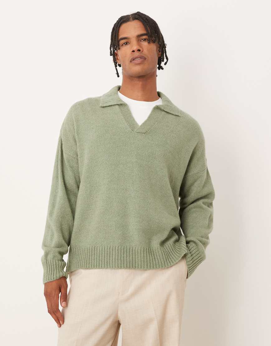 Super oversized boxy fit knitted notch neck polo in sage green marl