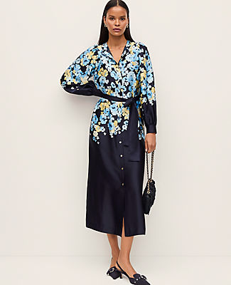 Ann Taylor Floral Satin Midi Shirtdress