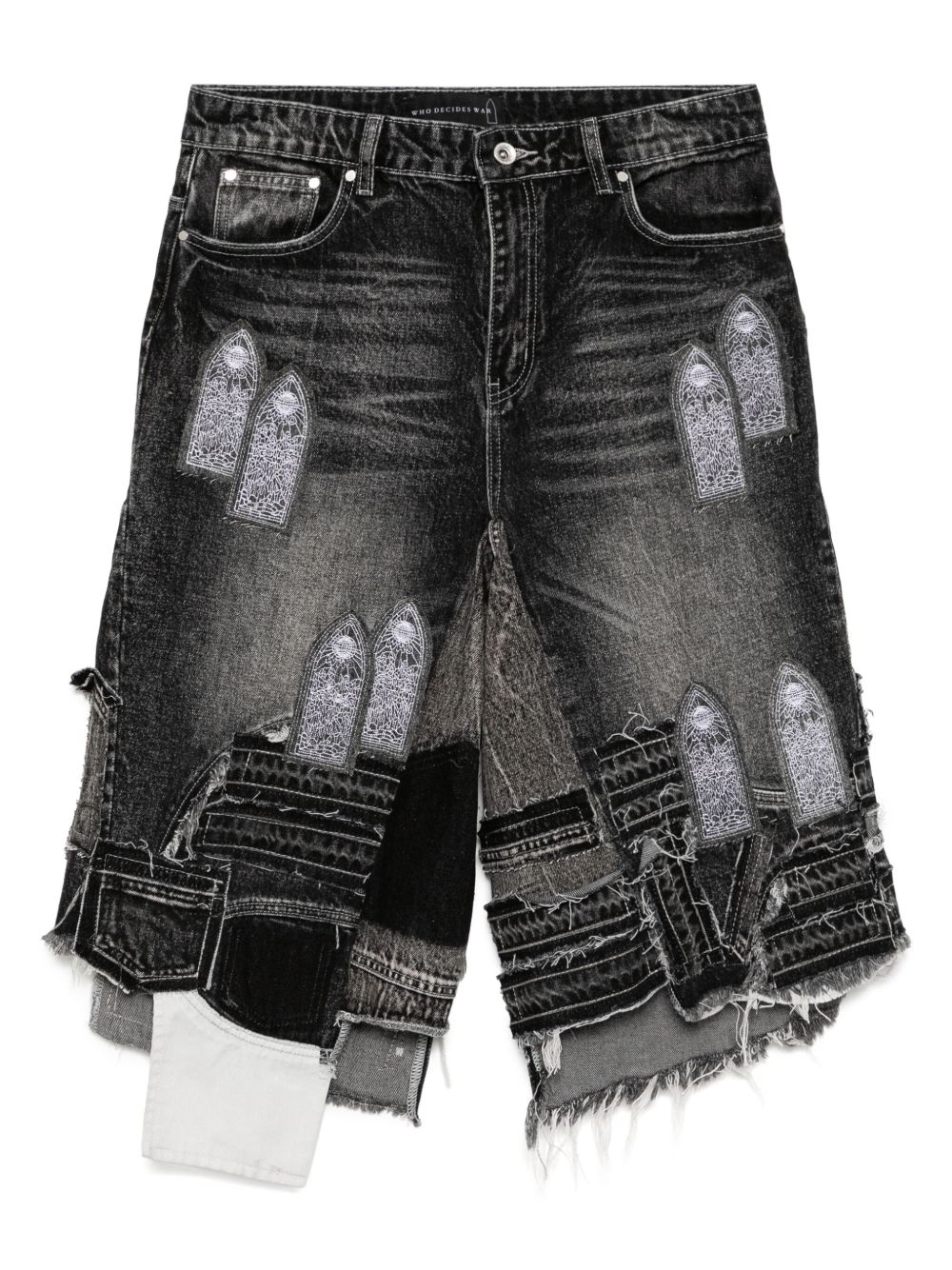Who Decides War patched arch blowout denim shorts - Grey