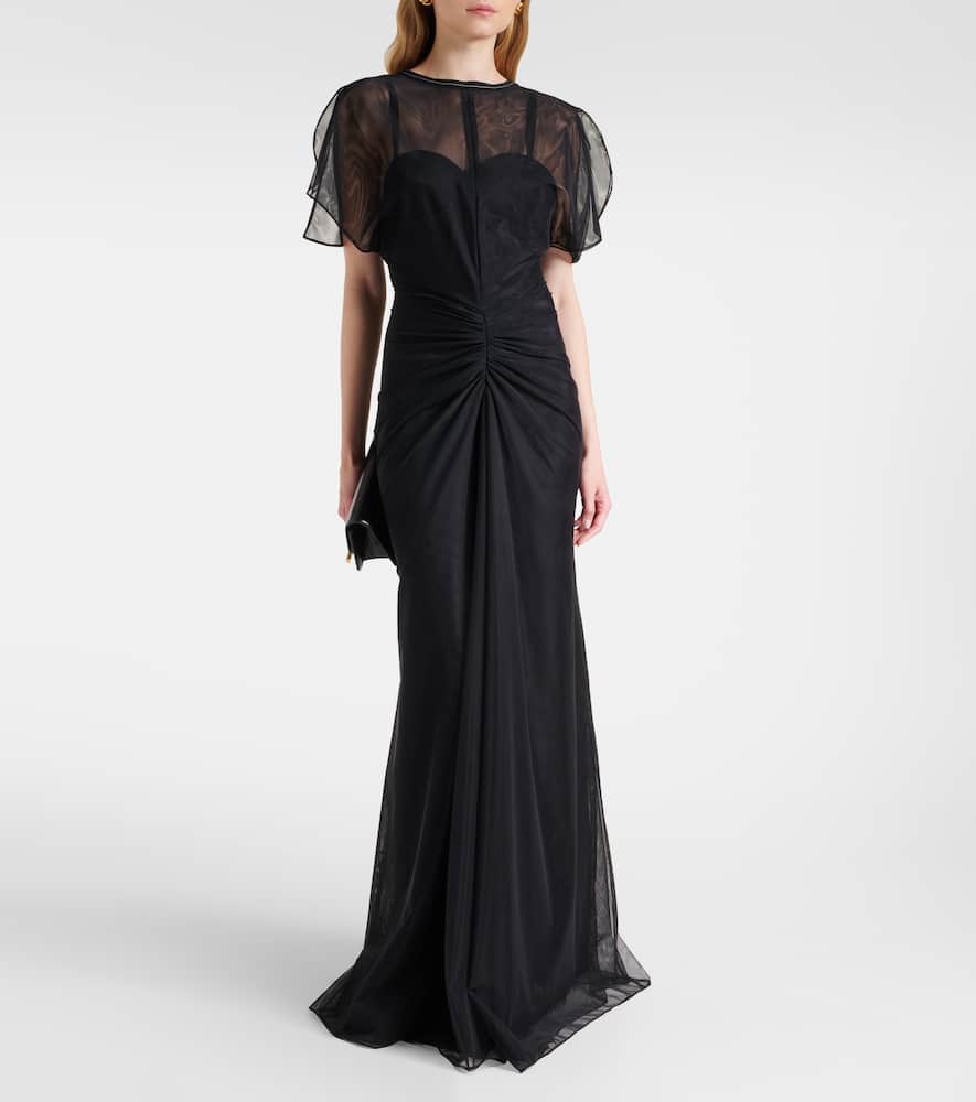 Bella gathered open back organza gown