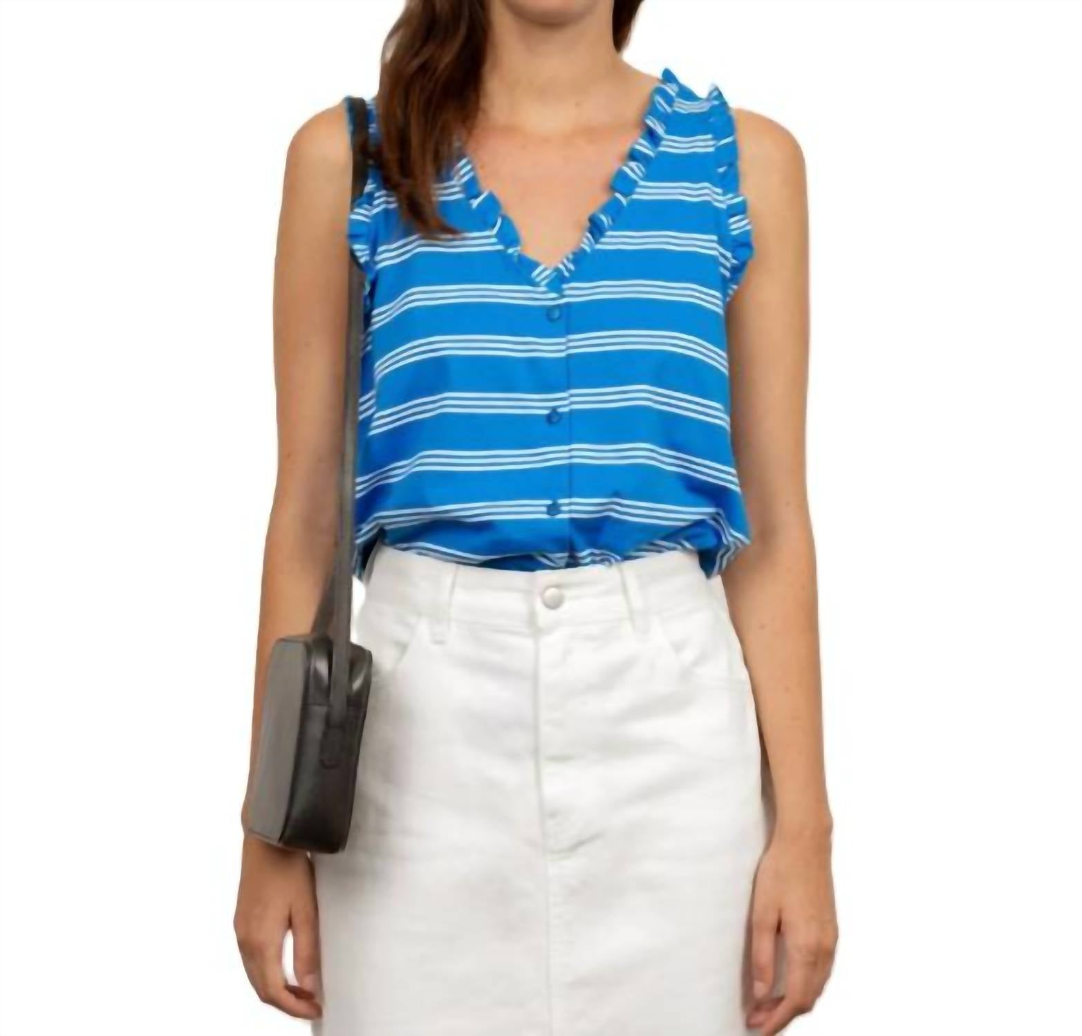 Frilled Sleeveless Top In Stripes Lapis/off-White