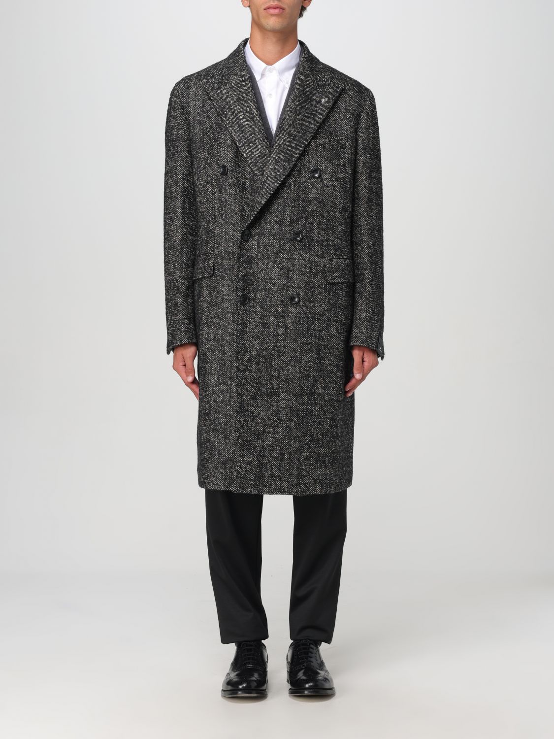 Herringbone double-breasted coat - Black
