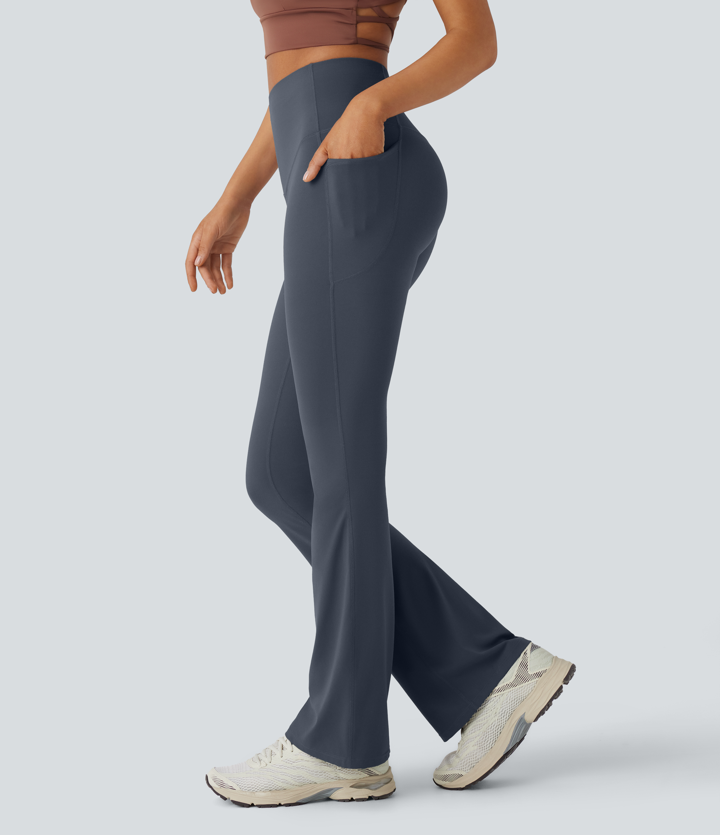 UltraSculpt™ High Waisted Tummy Control Pocket Shaping Yoga Bootcut Leggings  - Silent Blue