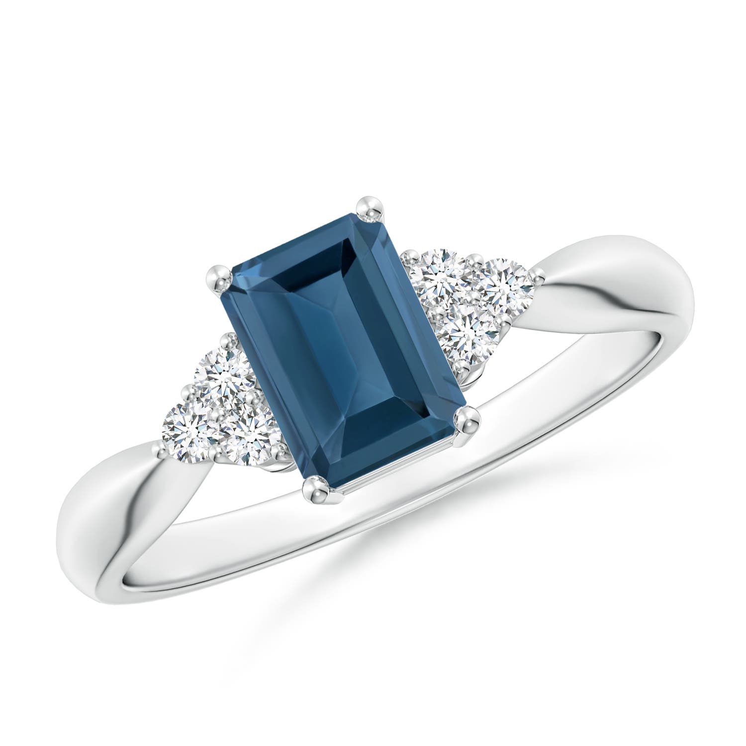 Angara 1.2 Carats Emerald-Cut London Blue Topaz Ring with Trio Diamonds in Platinum